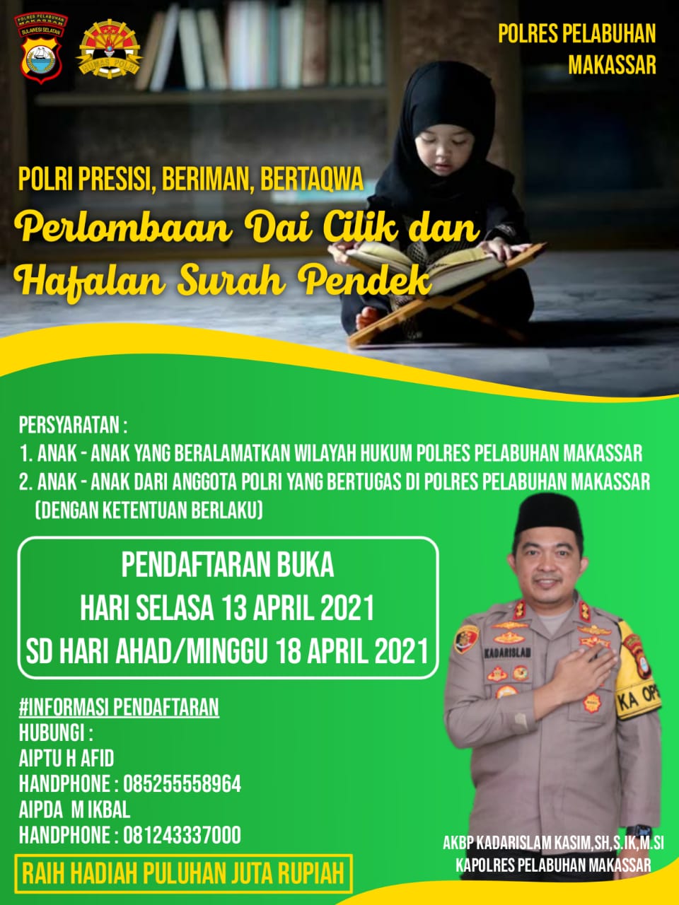 Polres Pelabuhan Makassar gelar Lomba Da’i Cilik dan Hafiz Qur’an dengan Prokes