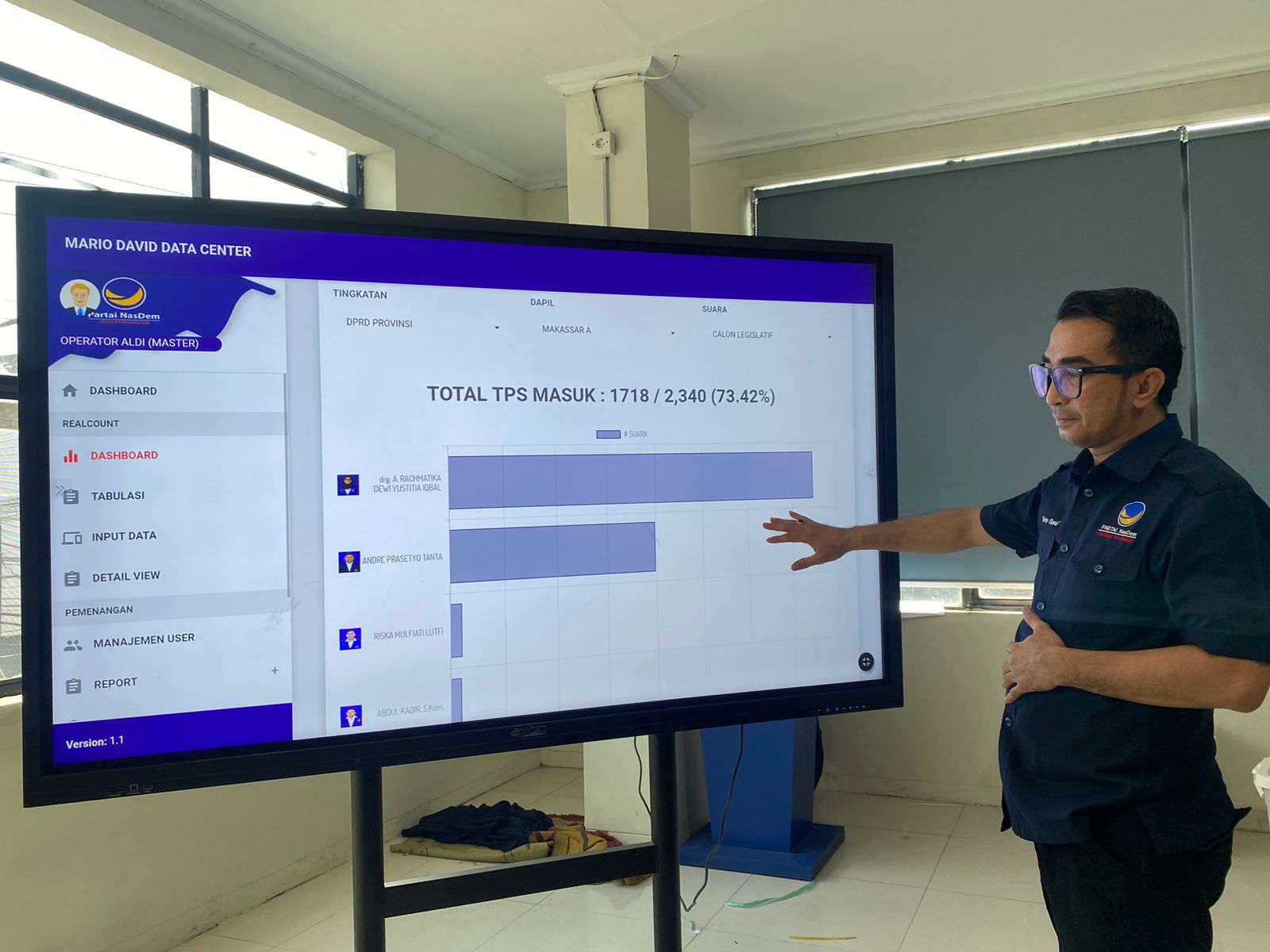IST PAPARKAN--Ketua Fraksi Nasdem DPRD Makassar Mario David memaparkan data suara masuk untuk caleg DPR RI dari Dapil Sulsel I, di sekretariat Nasdem Makassar Minggu (17/2).
