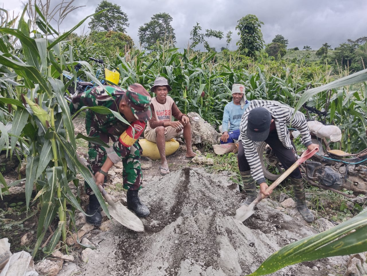 IST GOTONG ROYONG -- Babinsa Lembangloe, Serda Risal bersama warga petani, bekerja bakti dan bergotong royong memperbaiki jalan tani yang rusak. 