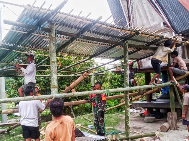 TENDA -- Personel Koramil 09 Saluputti bersama warga membangun tenda pengungsian untuk menampung warga korban longsor di Dusun Tandung, Lembang Buri, Kecamatan Rembon menyeret sembilan rumah warga, Rabu (13/3). 