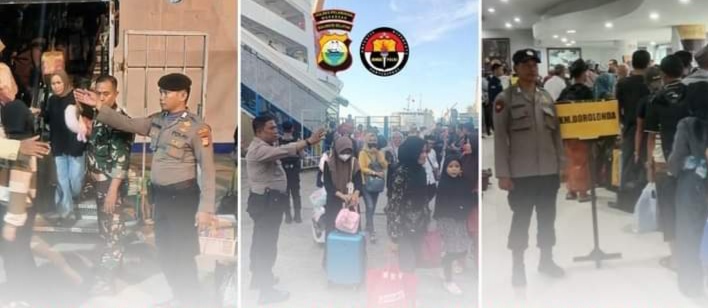 CEGAH -- Petugas Polsek Soekarno-Hatta saat melakukan patroli Kamtibmas dan pengamanan di dermaga Pelabuhan Makassar.