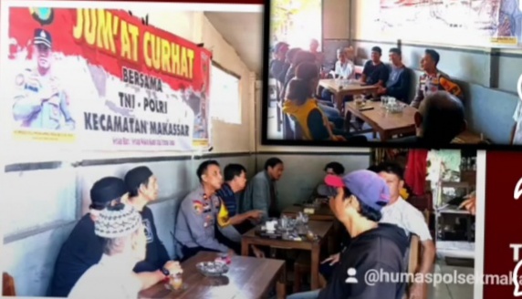 IST JUMAT CURHAT -- Kapolsek Makassar, Kompol Andi Aris Abubakar  melaksanakan Jumat Curhat bersama warga dan pengunjung di Warkop Sana Sini Kopi, Jalan Kerung-kerung, Makassar.