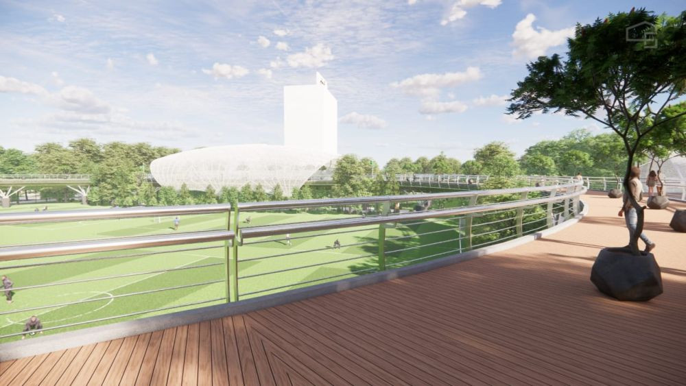 int KEBUT--Pemerintah Kota Makassar merenovasi Lapangan Karebosi. Pemkot telah menyiapkan anggaran sekitar Rp71 miliar untuk renovasi total.Saat ini, pekerjaan difokuskan pada pengerjaan konstruksi jogging track floating yang melayang.Tampak desain jogging track di Lapangan Karebosi.
