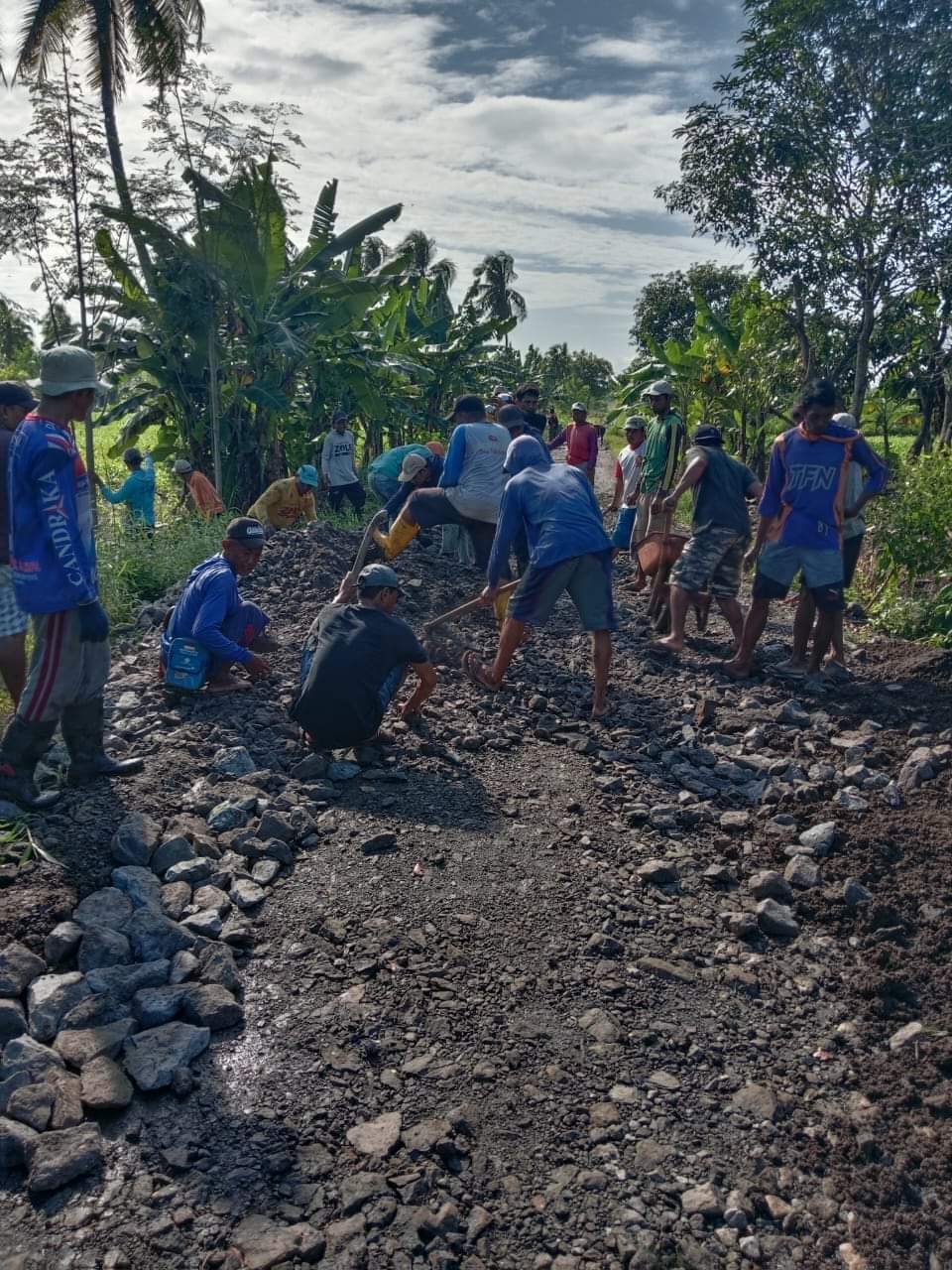 PERBAIKAN JALAN -- Kades Tellulimpoe Kecamatan Marioriawa, Darwis memimpin gotong royong memperbaiki jalan desa yang rusak di Bolabessie Dusun Padali, Minggu (19/5). Tampak para warga sedang melakukan perbaikan jalan di wilayah desa.