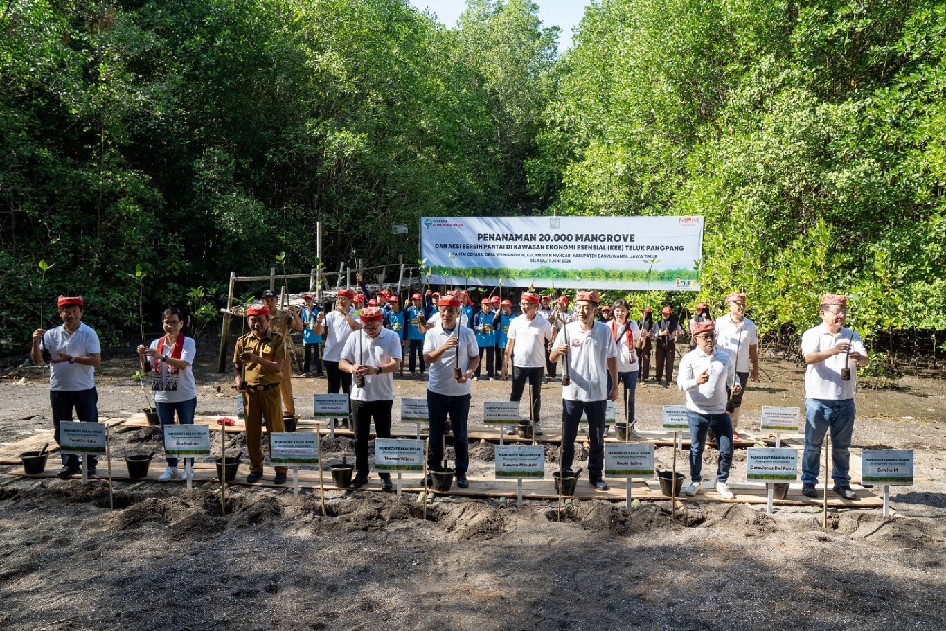 TANAM MANGROVE -- Kepala Bidang Perikanan Tangkap Dinas Perikanan Banyuwangi, Anang Budi Wasono bersama jajaran manajemen PT Astra Honda Motor, Yayasan AHM dan PT Mitra Pinasthika Mulia sebagai main dealer Honda area Jawa Timur dan Nusa Tenggara Timur, melakukan penanaman mangrove di KEE Teluk Pangpang Banyuwangi.