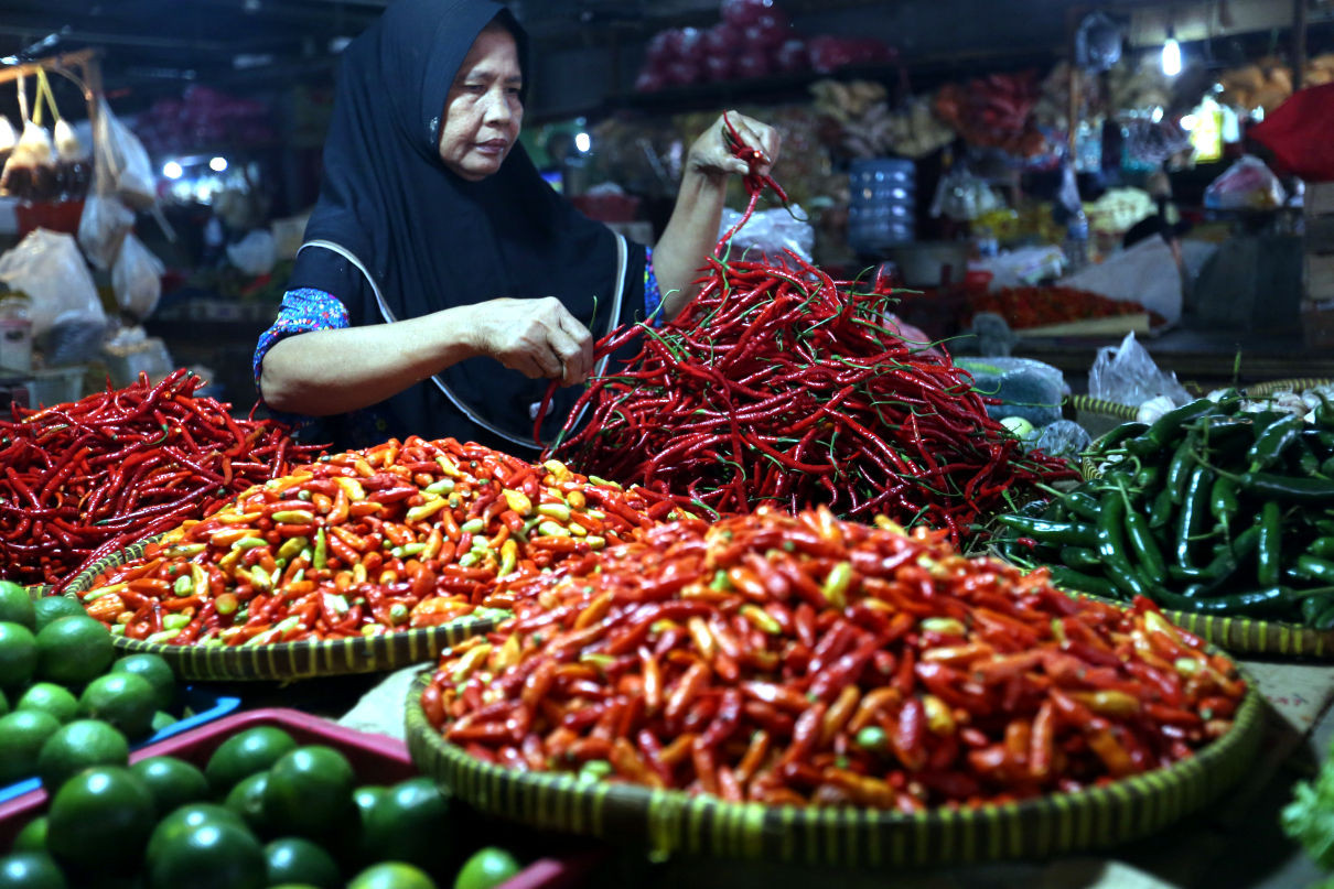 int HARGA--Menjelang hari raya Iduladha harga cabai di pasar tradisional Makassar merangkak naik. Kenaikan harga tersebut terjadi sejak minggu lalu.Tampak pedagang cabai di Pasar Terong.