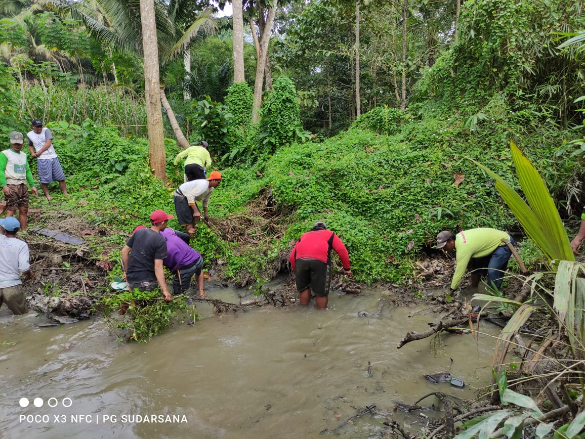 BERSIHKAN SELOKAN -- Camat Angkona, I Putu Gede Sudarsana mengerahkan warga untuk membersihkan saluran pembuangan Manakai. Kegiatan gotong royong ini melibatkan Puluhan warga Desa Solo dan Lamaeto, Sabtu (9/6).