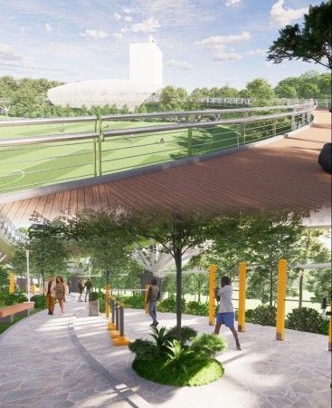 REVITALISASI--Revitalisasi Lapangan Karebosi terus berproses. Sejauh ini, pekerjaan konstruksi untuk pembangunan jogging track melayang sudah dilakukan.Tampak desain revitalisasi Karebosi.