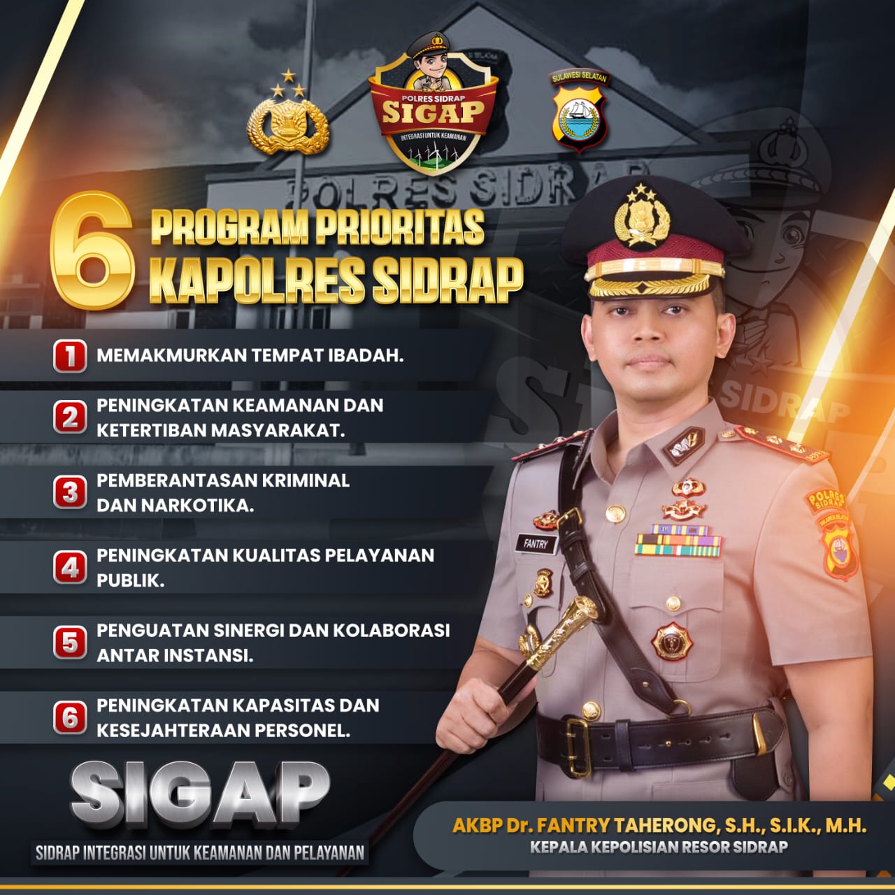 LUNCURKAN -- Kapolres Sidrap, AKBP Fantry Taherong resmi meluncurkan enam program prioritas SIGAP sebagai bagian dari upaya peningkatan kualitas pelayanan kepolisian di Kabupaten Sidrap, Rabu (24/7). 