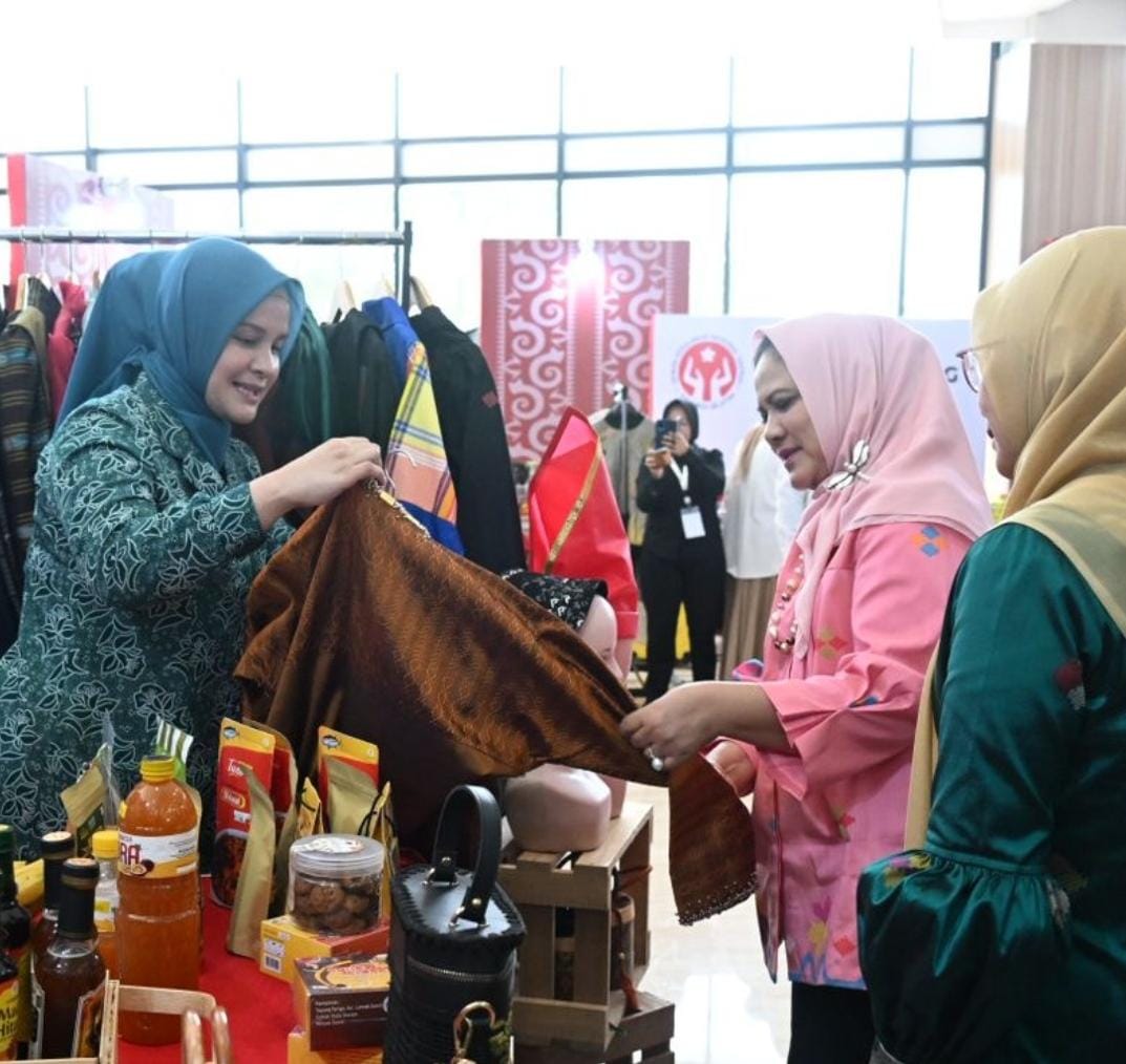 IST KAIN SUTERA -- Ketua TP PKK Gowa sekaligus Ketua Dekranasda Gowa, Priska Paramita Adnan memperkenalkan kain sutera hasil tenunan perajin Gowa kepada ibu Negara, Iriana Joko Widodo. 