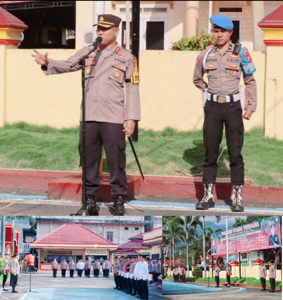 Kapolres Tana Toraja AKBP Malpa Malacoppo saat berbicara di depan personilnya di halaman Mapolres Tana Toraja.