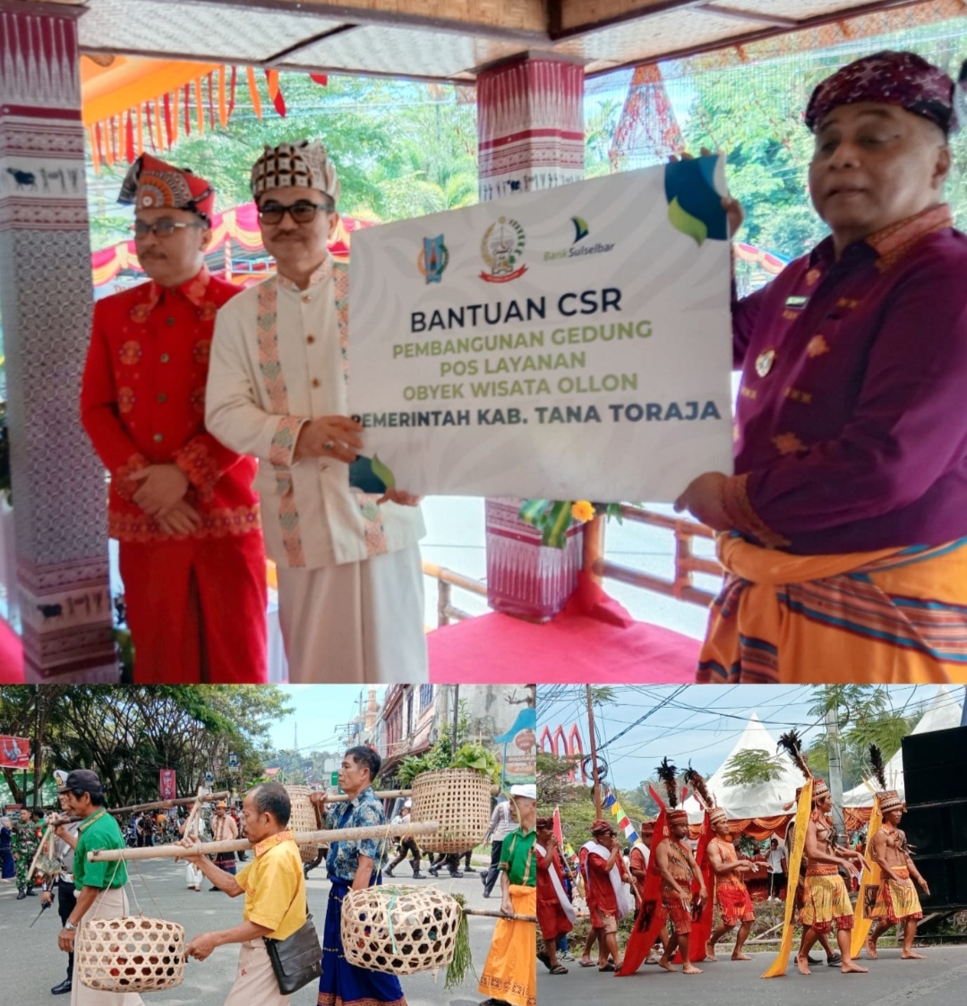Penyerahan bantuan CSR dari Bank Sulsel kepada Pemkab Tana Toraja saat peringatan HUT ke-67 Tana Toraja, Senin (16/9/2024).