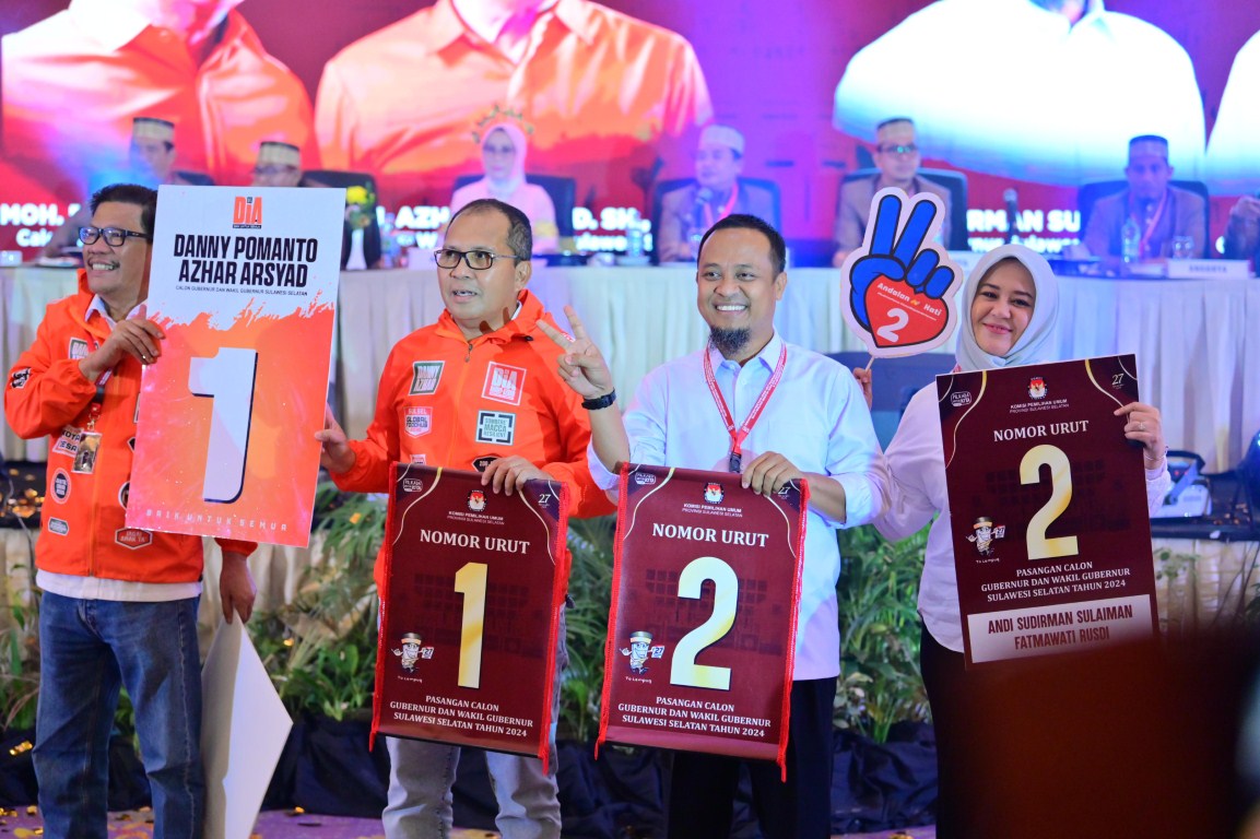 Nomor Urut Cagub Sulsel: Danny Pomanto-Azhar Raih Nomor Satu, Andi Sudirman-Fatmawati Nomor Dua