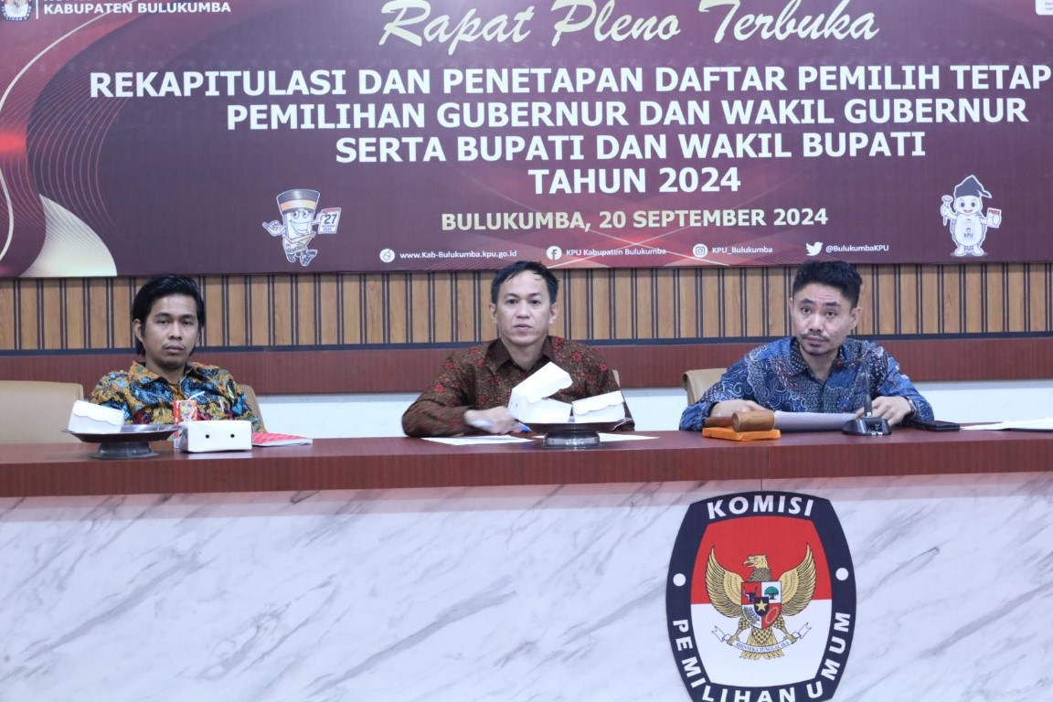 DITETAPKAN -- KPU Kabupaten Bulukumba menetapkan DPT pada Pemilihan Serentak tahun 2024 sebesar 344.983 pemilih untuk Pilgub Sulsel dan Pilkada Bulukumba di Aula Gedung KPU Bulukumba, Jumat (20/9).