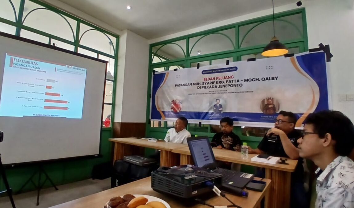 IST
MEMAPARKAN--Direktur eksekutif PT IPI Suwadi Idris Amir memaparkan hasil surveinya untuk empat pasangan calon bupati dan wakil bupati Jeneponto, Kamis (24/10)
