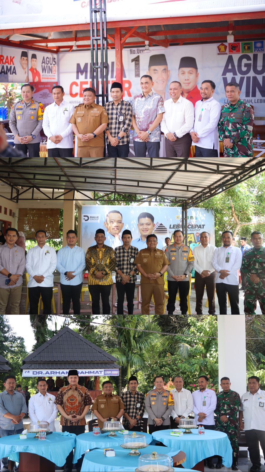 DATANGI -- Kapolres Luwu AKBP Arisandi bersama Pj Bupati Luwu H Muh Saleh dan Ketua KPU Kabupaten Luwu Abdullah Sampe Amping melakukan kunjungan ke kediaman tiga pasangan calon bupati yang akan bertarung di Pilkada Luwu November mendatang, Selasa (29/10). 
