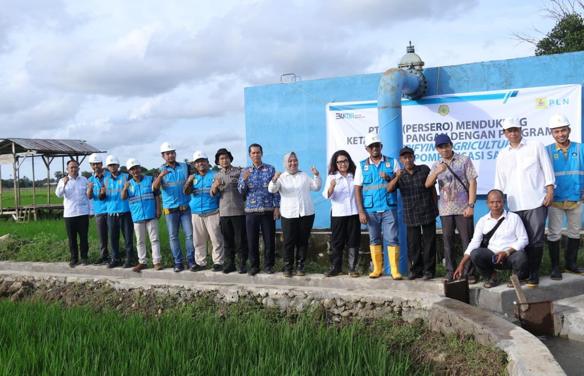 MASUK SAWAH -- General Manajer PLN UID Sulselrabar, Budiono (enam dari kanan) didampingi tim manajemennya dan pemerintah bersama warga setempat, saat mengunjungi program listrik 'PLN Masuk Sawah'
