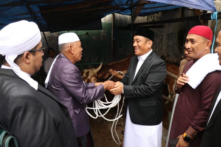 APRESIASI -- Bupati Luwu Timur, H. Irwan Bachri Syam menyerahkan sapi kurban kepada panitia hewan kurban usai menghadiri shalat Idul Adha, Jumat (6/6). 
