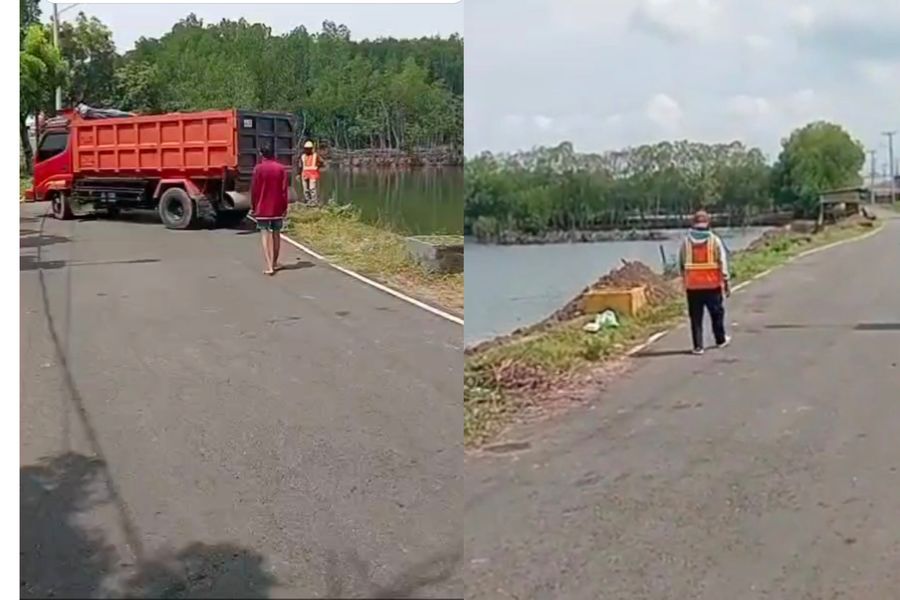 KEMBALI AKTIF -- Pembangunan pabrik Porang dan rumput laut kembali beraktifitas melakukan penimbunan setelah police line polisi dicabut.