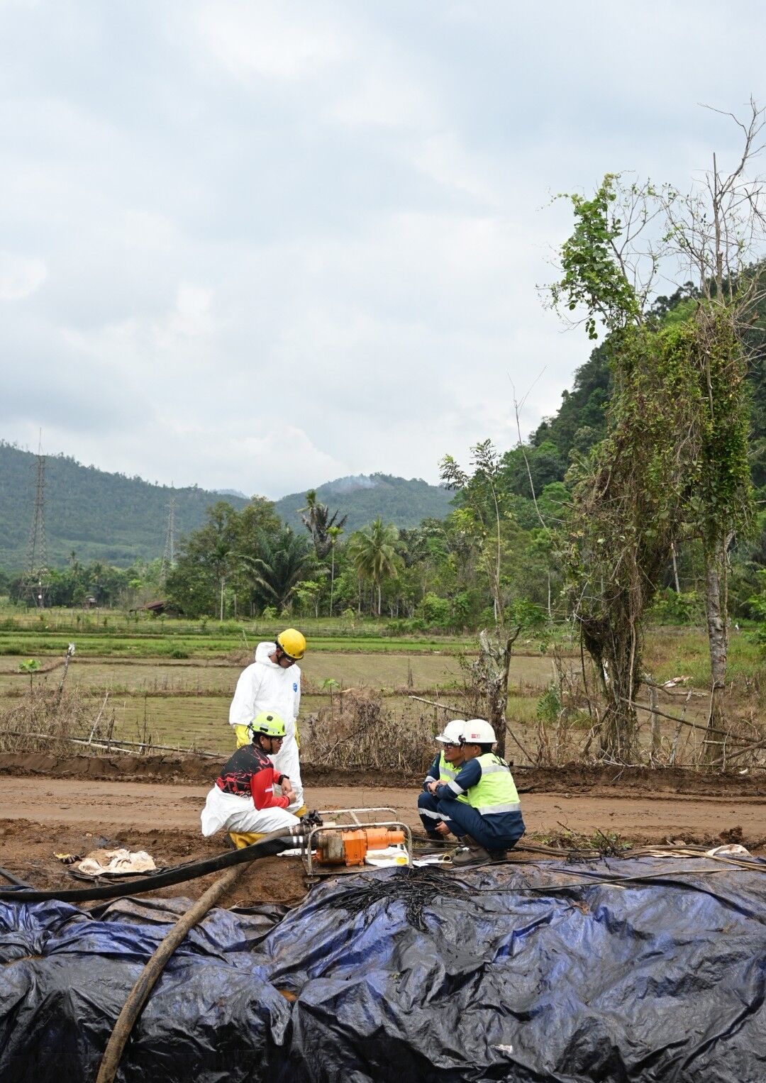 PEMULIHAN -- Tim pemulihan PT Vale terus berjuang mengatasi kebocoran pipa minyak di Desa Lioka, Kecamatan Towuti.