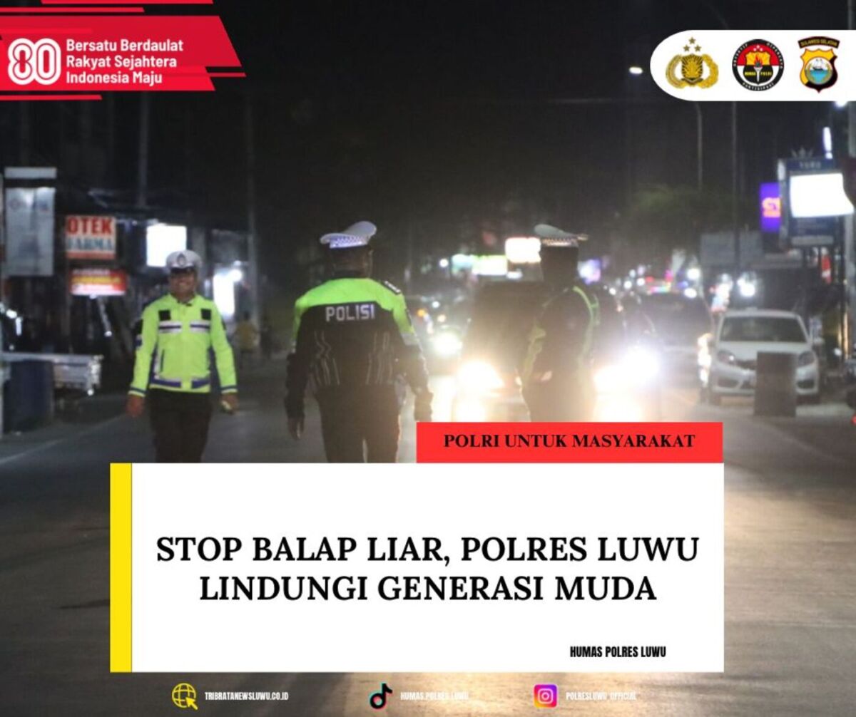 ANITSIPASI BALI -- Satuan Lalu Lintas Polres Luwu menggelar kegiatan antisipasi balap liar pada Jumat malam (22/8).  Kegiatan dipimpin Kasat Lantas Polres Luwu, AKP Sarifuddin bersama personel gabungan.

