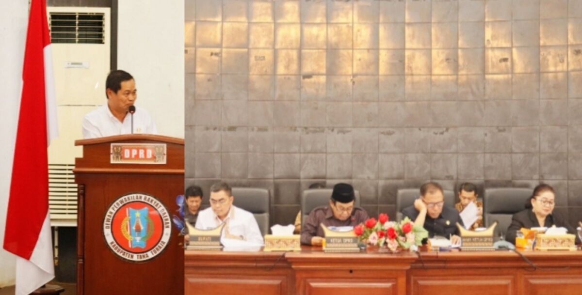 RANPERDA -- Banggar DPRD Tator melaporkan hasil pembahasan Ranperda KUA-PPAS Perubahan APBD 2025 pada paripurna dewan dipimpin Ketua DPRD Tana Toraja Kendek Rante didampingi Wakil Ketua Leonardus Tallupadang, dan Evivana Rombe Datu, Jumat (29/8). 
