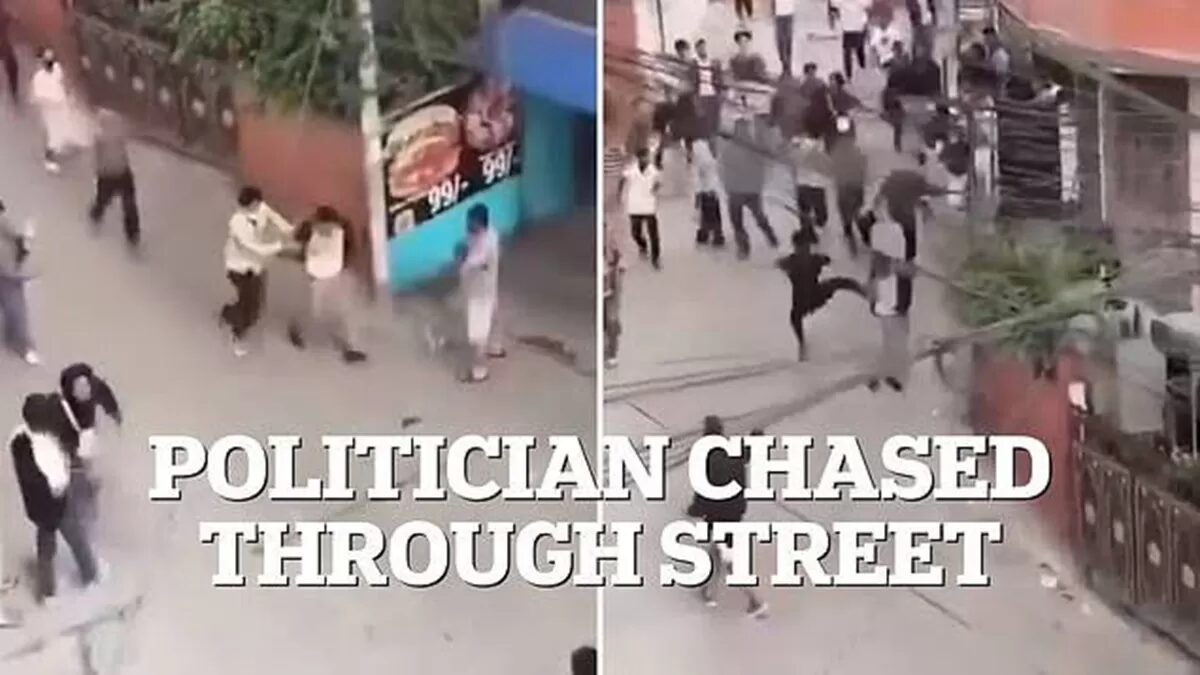 Tangkapan layar video saat Menteri keuangan Nepal lari dikejar massa yang marah. (DailyMail)
