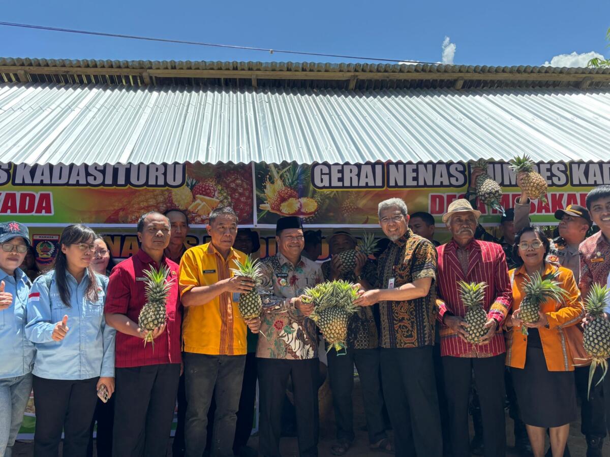 SERAH TERIMA -- Kepala Direktorat OJK Provinsi Sulawesi Selatan dan Sulawesi Barat, Arif Machfoed (empat dari kanan) melakukan serah terima buah nenas di depan Gerai Nenas di Desa Mesakada, Kabupaten Mamasa, Provinsi Sulawesi Barat.