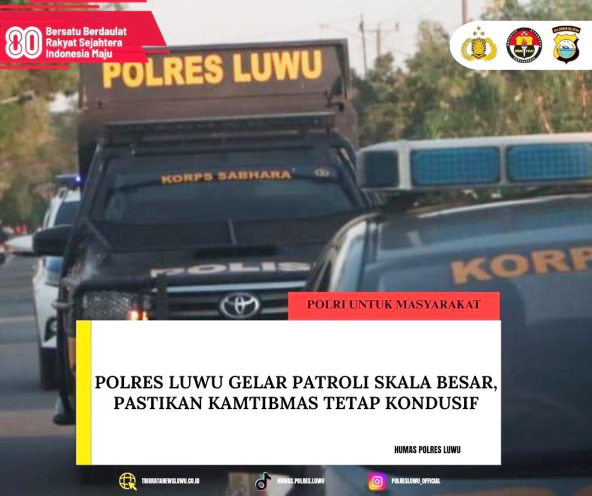 PATROLI -- Polres Luwu melaksanakan patroli gabungan skala besar Minggu (31/8).  Kegiatan digelar untuk memastikan keamanan dan ketertiban masyarakat (Kamtibmas) di wilayah hukum Polres Luwu tetap kondusif.