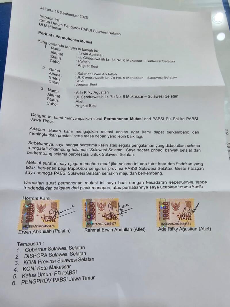 Surat permohonan mutasi Erwin Abdullah, Rahmat Erwin Abdullah, dan Ade Rifky Agustian yang ditujukan ke Pengprov PABSI Sulsel.