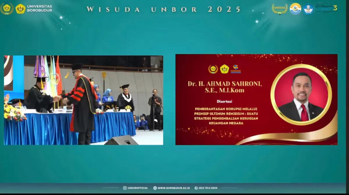 Mantan Wakil Ketua Komisi III DPR RI, Ahmad Sahroni, wisuda meraih Doktor Ilmu Hukum Universitas Borobudur di Jakarta International Convention Center (JICC), Selasa (14/10). (Istimewa)