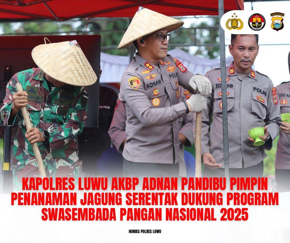 TANAM JAGUNG -- Kapolres Luwu AKBP Adnan Pandibu melaksanakan kegiatan Penanaman Jagung Serentak Kuartal IV Tahun 2025 di Dusun Tawondu, Desa Tawondu, Kecamatan Suli, Kabupaten Luwu, Rabu (8/10). 
