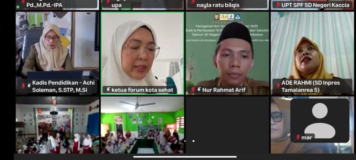 ist
GERAKAN--Ketua Dewan Lingkungan Kota Makassar, Melinda Aksa, mengikuti rangkaian peringatan Hari Guru.Lebih dari 400 SD negeri dan swasta se-Kota Makassar secara serentak melaksanakan kegiatan bertema “Pembuatan 10.000 Liter Eco Enzym dari Sekolah untuk Makassar dan Gerakan Makan Buah Serentak”, Selasa (2/12), yang dipandu secara terpusat melalui Zoom Meeting.
