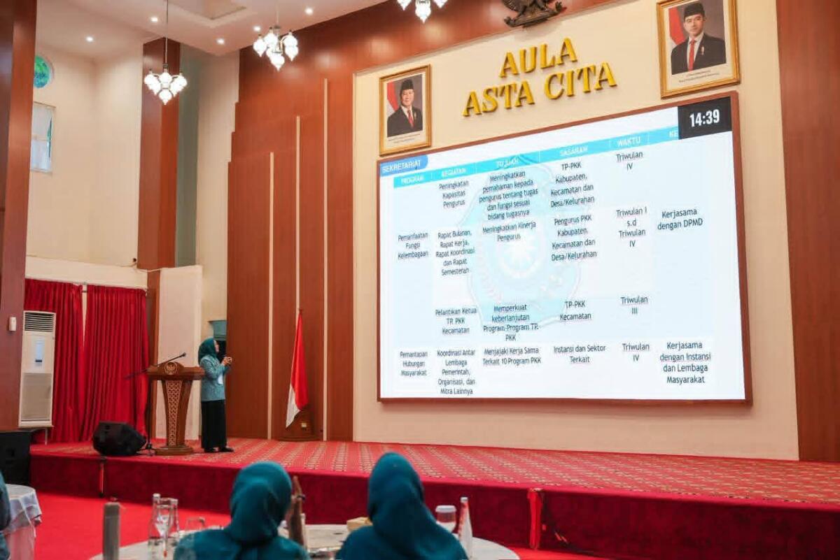 EVALUASI -- TP PKK Lutim memaparkan capaian kinerja pada kegiatan evaluasi semesteran bagi TP PKK kabupaten/kota se-Sulsel di Aula Asta Cita, Rumah Jabatan Gubernur Sulsel, Senin (1/12).  
