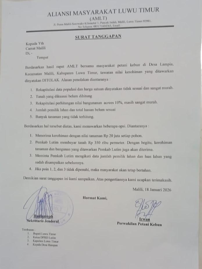 Oknum Petani Penggarap Lahan Pemkab Lutim Minta Ganti Rugi Tanah Senilai Rp1,38 Triliun