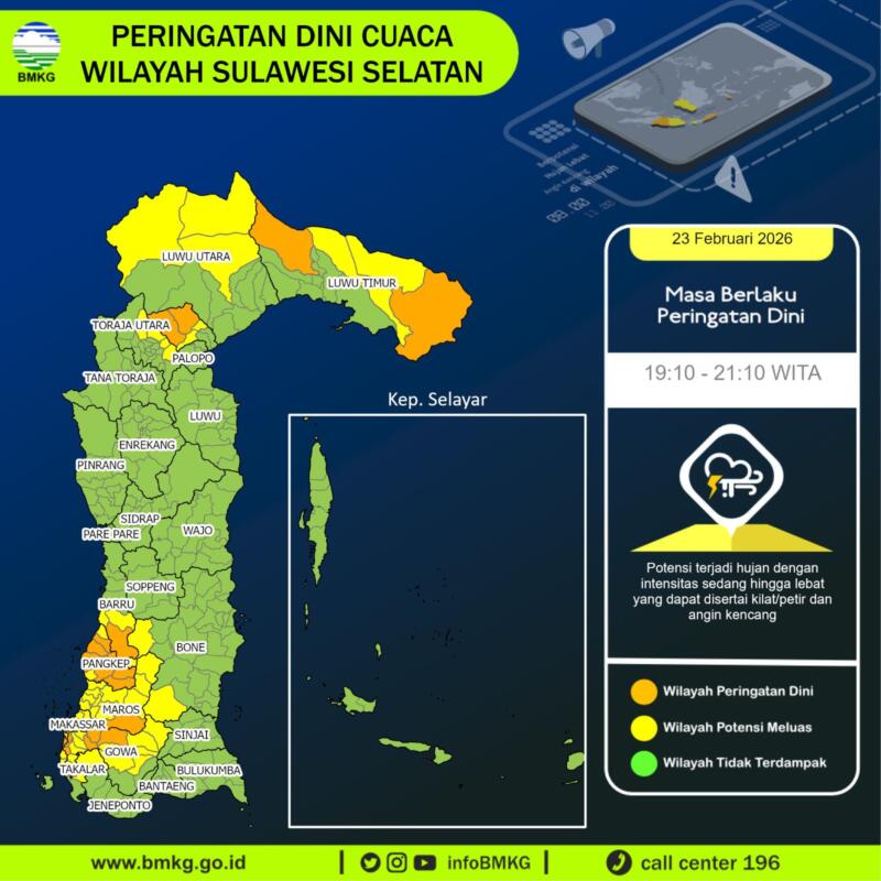 Daftar Wilayah di Sulsel Berpotensi Cuaca Ekstrem 24 Februari Hingga 1 Maret