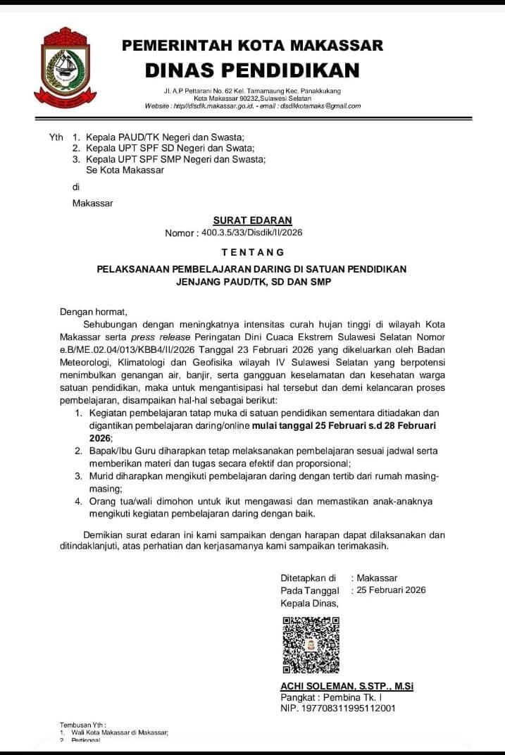 Pemkot Makassar Terapkan Pembelajaran Daring Akibat Cuaca Ekstrem